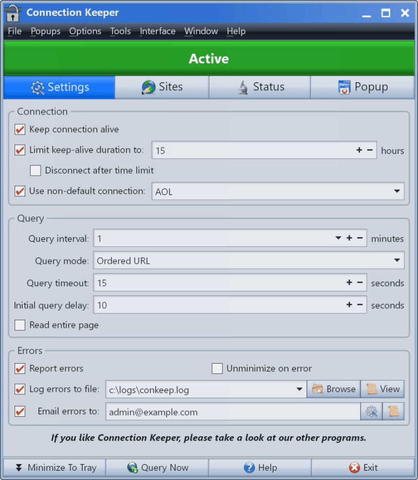 Screenshot of Connection Keeper 6.2