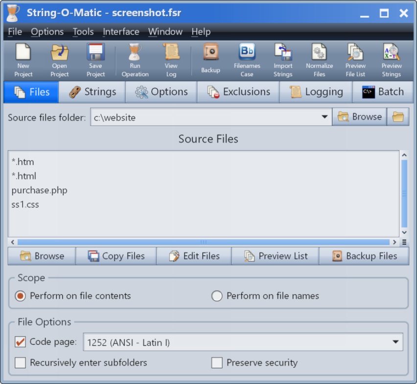 Search/replace multiple substrings in multiple files.